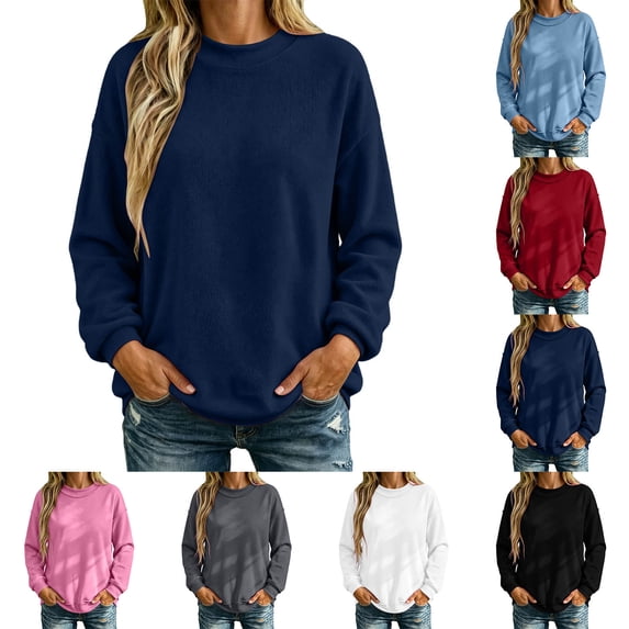 Iroehba Fleece Womens Tops Solid Reversible Long Sleeve Mock Neck Sweatshirt, with Regular Cut and Drop Shoulder, Dressy Casual and Stylish
