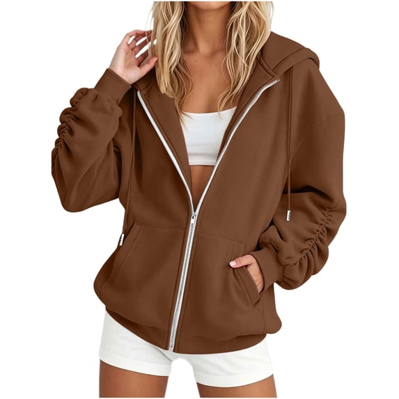 Iroehba Hoodies for Women Full Zip Hooded Relaxed Cut Jacket with Ruched Sleeves and Kangaroo Pockets, Soft Stretchy Long Sleeve Top for Daily Wear
