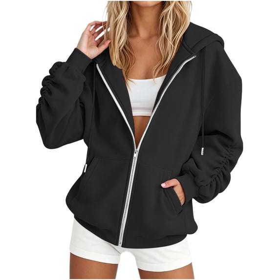 Iroehba Hoodies for Women Full Zip Hooded Relaxed Cut Jacket with Ruched Sleeves and Kangaroo Pockets, Soft Stretchy Long Sleeve Top for Daily Wear