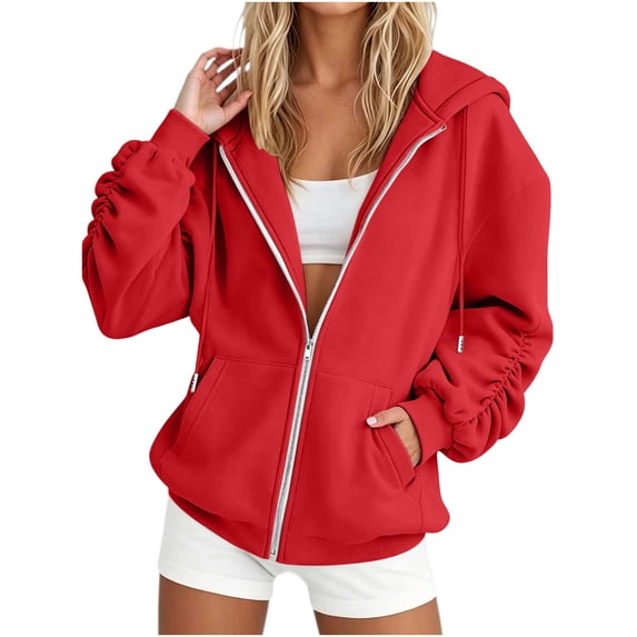 Iroehba Hoodies for Women Full Zip Hooded Relaxed Cut Jacket with Ruched Sleeves and Kangaroo Pockets, Soft Stretchy Long Sleeve Top for Daily Wear