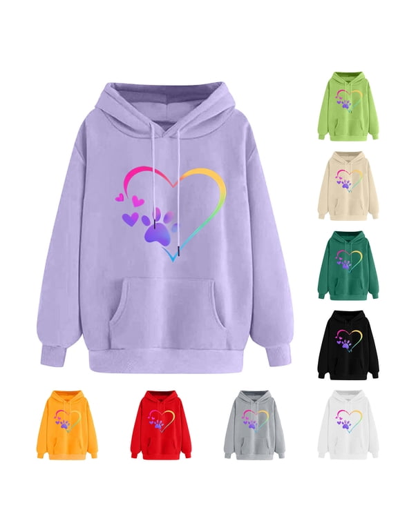 Hoodies for Women Hearts Print Hooded Drawstring Drop Shoulder Modern Long Sleeve Pullover with Kangaroo Pocket Casual Top