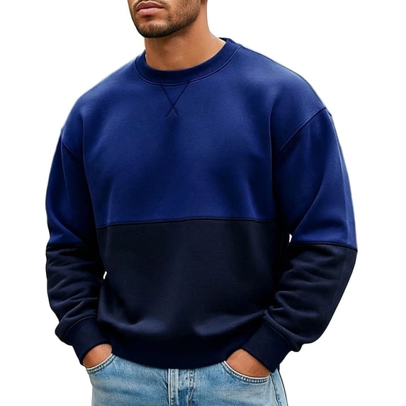 Iroehba Men's Sweatshirts Color-block Crew Neck Relaxed Cut Drop Shoulder Long Sleeve Pullover Top, Clean Versatile Stylish Practical Daily Outfit