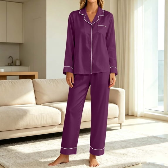 Iroehba Pajamas for Women Set Solid Long Sleeve Button Up Collared Sleepwear, with Matching Pants and Elastic Waist, Lovely and Gentle Nightwear for Relaxed Days