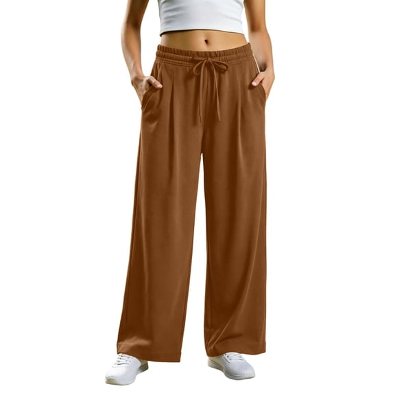 Iroehba Pants for Women Mid Waist Drawstring Trousers Solid Colored Wide Leg Sweatpants with Side Pockets, Relaxed Cut for Outdoor Strolls and Daily Wear