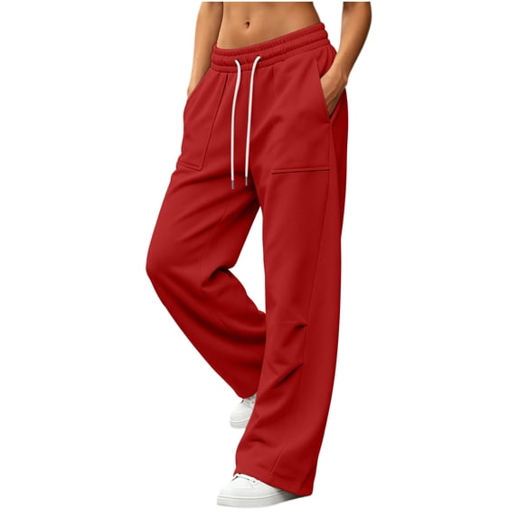 Iroehba Pants for Women Relaxed Mid Waist Solid Trousers Drawstring Sweatpants with Roomier Wide Leg Cut, With Side Pockets for Weekend Trips and Casual Outfit Matching