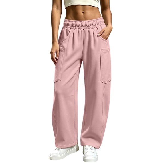 Iroehba Pants for Women Solid Wide Leg Sweatpants Drawstring Mid Waist Trousers Roomy Built In Side Pockets, Loose Bottoms for Outside Walks