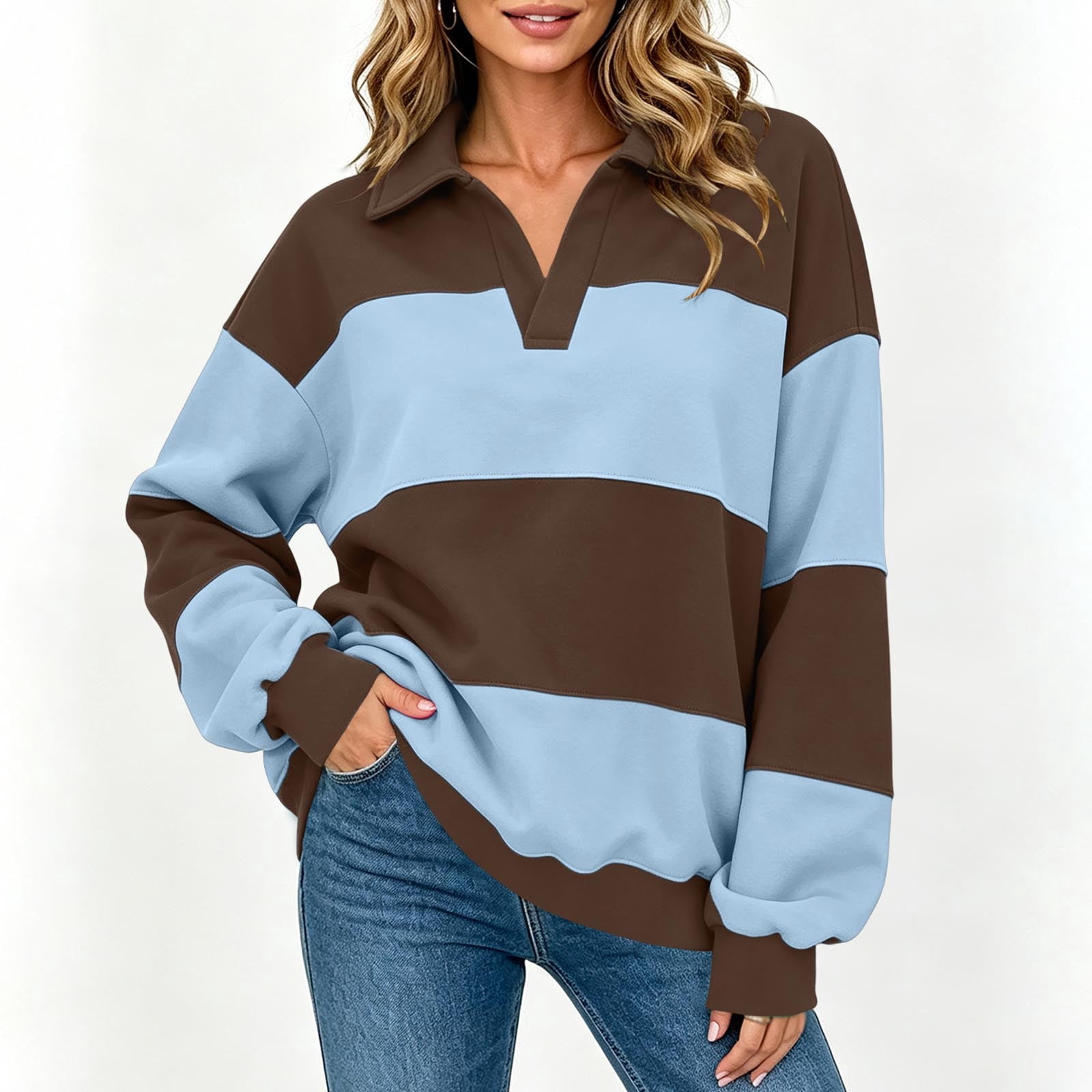 Soft Drop Iroehba Sweatshirt for Women Collared Long Sleeve Relaxed Cut Drop ...