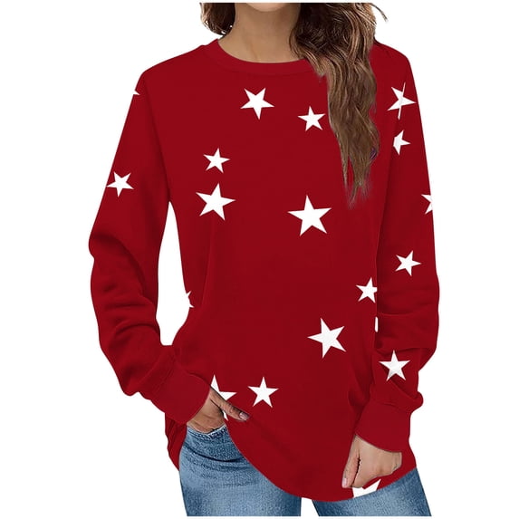 Iroehba Sweatshirt for Women Crew Neck Pullover Long Sleeve Star Print Drop Shoulder Modern Cut Soft Comfy Casual Outfit