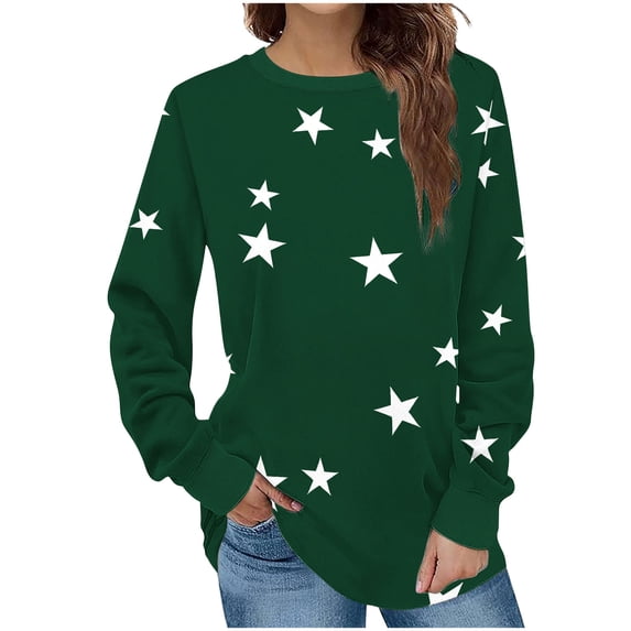 Iroehba Sweatshirt for Women Crew Neck Pullover Long Sleeve Star Print Drop Shoulder Modern Cut Soft Comfy Casual Outfit