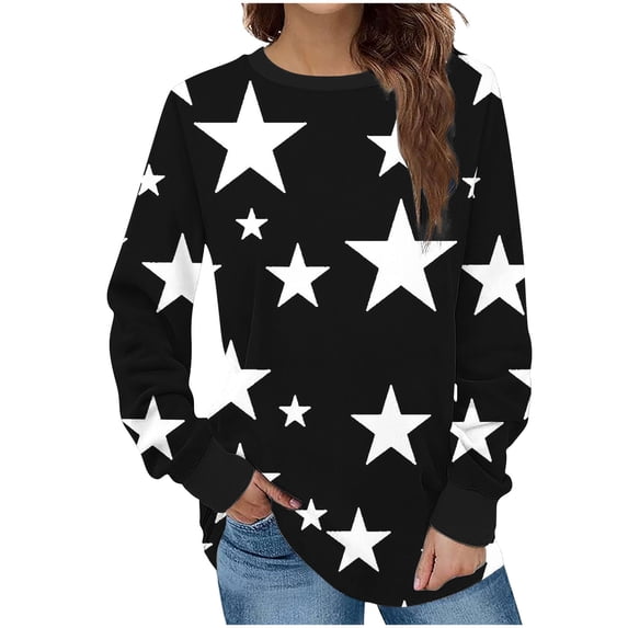 Iroehba Sweatshirt for Women Crew Neck Pullover Long Sleeve Star Print Drop Shoulder Modern Cut Soft Comfy Casual Outfit