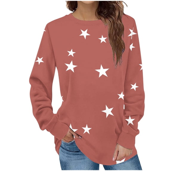 Iroehba Sweatshirt for Women Crew Neck Pullover Long Sleeve Star Print Drop Shoulder Modern Cut Soft Comfy Casual Outfit