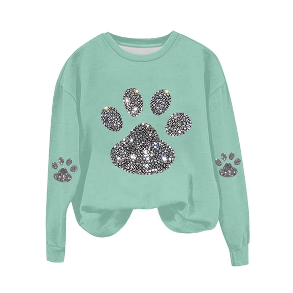 Iroehba Sweatshirt for Women Long Sleeve Crew Neck Printed pullover Paw Print Drop Shoulder Modern Cut Soft Comfy Casual Outfit