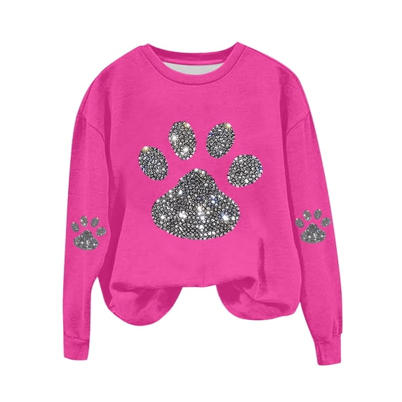Iroehba Sweatshirt for Women Long Sleeve Crew Neck Printed pullover Paw Print Drop Shoulder Modern Cut Soft Comfy Casual Outfit