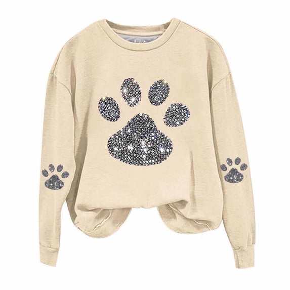 Iroehba Sweatshirt for Women Long Sleeve Crew Neck Printed pullover Paw Print Drop Shoulder Modern Cut Soft Comfy Casual Outfit