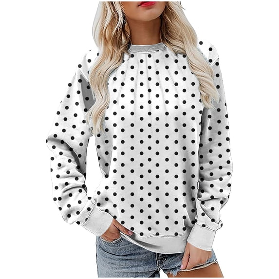 Iroehba Sweatshirt for Women Printed Crew Neck Pullover Long Sleeve Chest Pleated Polka Dot Regular Cut Soft Comfy Casual Outfit