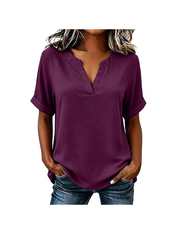 Womens Tops Notch V Neck Short Sleeve Rolled Cuff Summer Shirt, Solid Casual Relaxed Cut Top for Ladies, Elegant Stylish Comfy Daily Wear