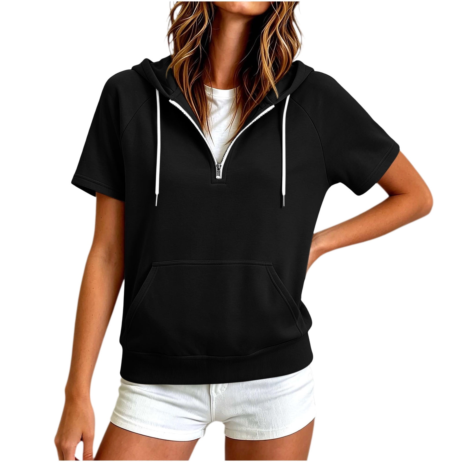 Iroehba Womens Tops Short Sleeve Hooded Half Zip Pullover with Pocket ...