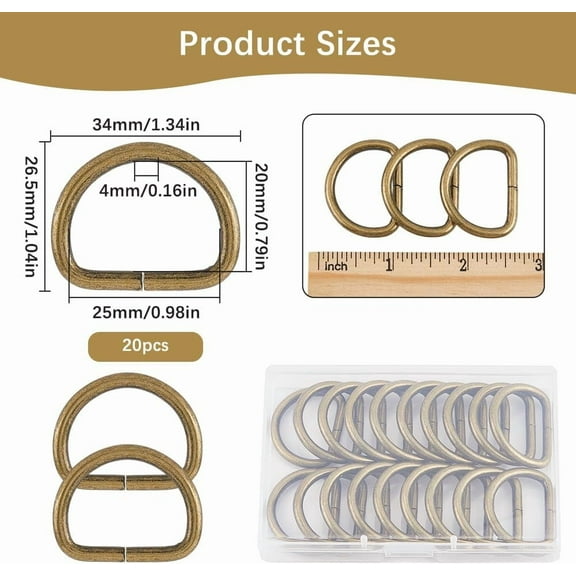 Iron 1 Box 20Pcs 1 Inch Metal D Ring Buckle Bronze D Ring Extra Thick 4mm Antique Brass Heavy Duty Non-Welded Hooks Strap D-Rings for Sewing Webbings Backpacks Keychains Pet Collars DIY Crafts