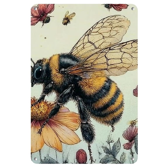 Iron 1pc Vintage-Style Bumblebee & Flower Iron Tin Sign - High-Quality Textured Fine Print Metal Wall Art_ Nature-Inspired Vivid Colors_ Frameless Decor Plaque for Home & Classroom