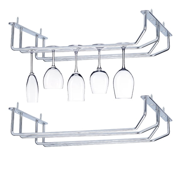 Iron 2 Rows Wine Glass Rack Under Cabinet Goblet Storage Hanger Stemware Holder with Screws & Plastic Anchor Plug Platinum 270x216x51mm Hole: 5mm
