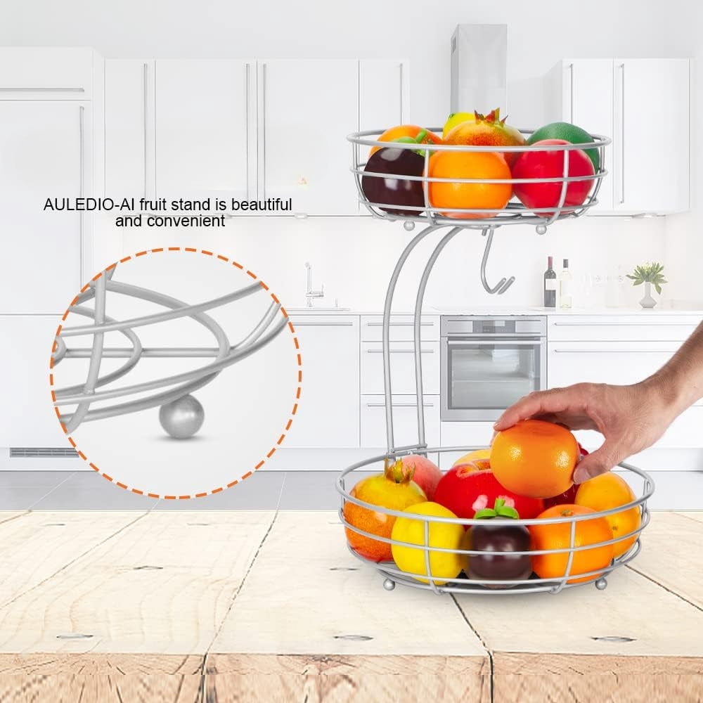 Iron 2-Tier Countertop Fruit Basket. Storage with Banana Hanger. Black, 64 Ounces. Stylish and Practical. Organize Your Fruits and Veggies. Durable Iron Construction.