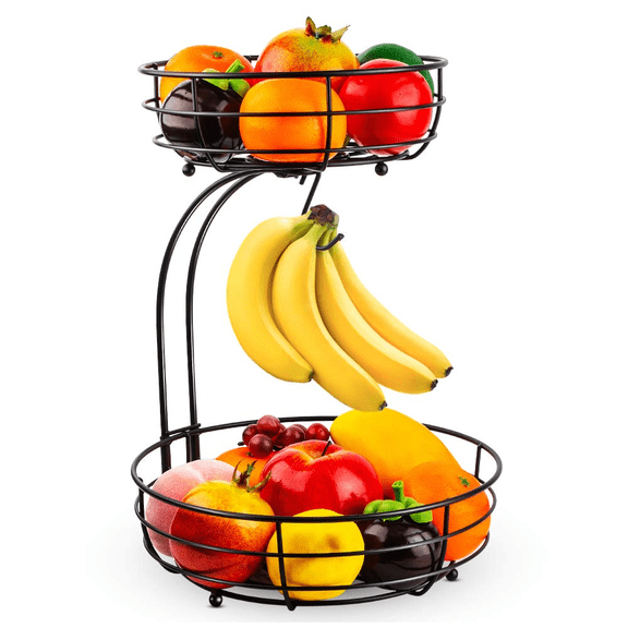 Iron 2-Tier Countertop Fruit Vegetables Basket Bowl Storage With Banana Hanger, Black, 64 ounces