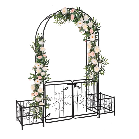 Iron Art Garden Arch Trellis, Arc Top Arch with Door & Planting Frame, Powder Coated Rustproof Free-standing Trellis for Climbing Flowers Vines Roses