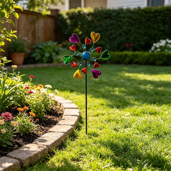 Iron Art Love Windmill for Outdoor Garden, Wrought Iron Wind Spinner with Dual Blades 360° Rotating, Colorful Heart Shape Metal Yard Decoration, Rust Proof Kinetic Sculpture