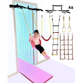 Iron Bar 7 Piece Kids Doorway Gym Swing Set with Pull Up Bar Indoor Gym and Playground Combo for Children, Includes Climbing Cargo Net, 2X Gymnastic Trapeze Rings, Rope Ladder and 6x2 Gymnastics Mat