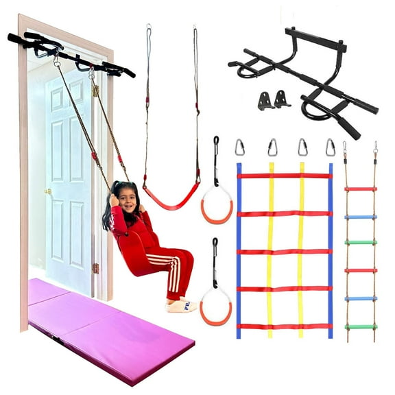 Iron Bar Deluxe Kids Indoor Doorway Gym 6 Piece Swing Set Playground +Pull Up Bar, Swing Seat, Climbing Cargo Net, 2X Gymnastics Trapeze Rings, Rope Ladder for Children Home Fitness Strength Training