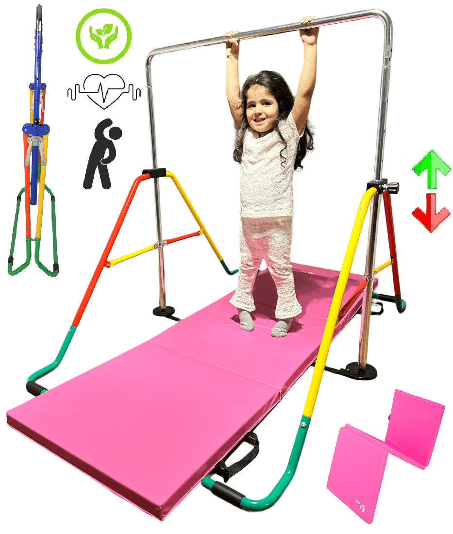 Iron Bar Expandable Gymnastics Bars for Kids with 6'x2' FT Tumble Mat, Junior Training Children ...