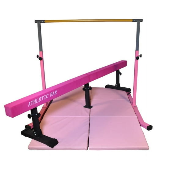 Iron Bar Gymnastics Bar Horizontal Bar 5 FT Height Adjustable Kip Bar Full Set + 6 FT x 4 FT Tumble Mat + 8 FT Adjustable Balance Beam for Kids Gymnasts, Boys Girls Home Gymnastic Training Set Pink