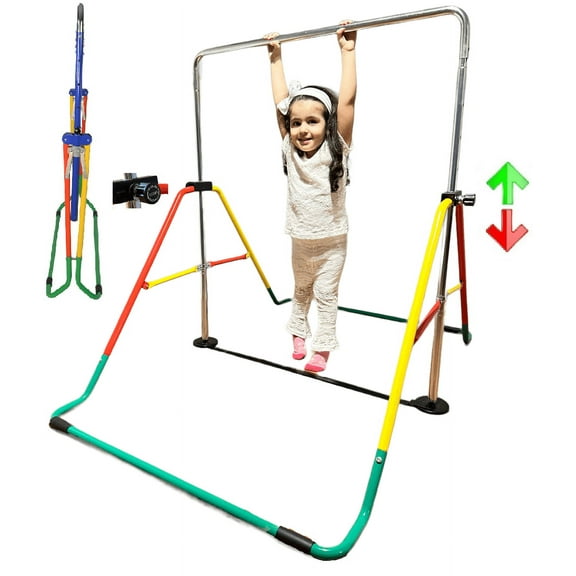 Iron Bar Gymnastics Bar for Kids | Height Adjustable Horizontal Kip Bar for Home Junior Training Bar | Children Folding Gymnastic Bar Jungle Gym Monkey Bars Playground Gymnastic Equipment Yellow