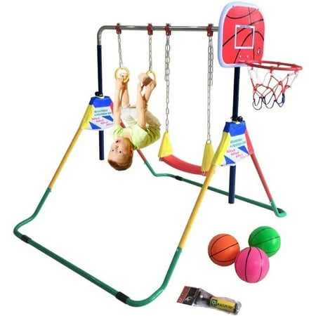 Iron Bar Kids Folding Gymnastics Training Kip Bar 5 in 1 Set with Swing, 2x Trapeze Rings, Basketball Hoop Expandable Horizontal Tumble Bar Adjustable Height Fitness Equipment Home Gymnastic Practice
