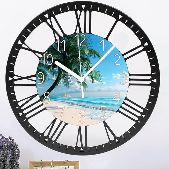 Iron Beach Wall Clock Silent Non-Ticking Battery Operated Clocks 10 Inch Blue Ocean Tropical Palm- Tree Wall Clock Decorative for Living Room Kitchen Bedroom Office Style 1010inch(2525cm