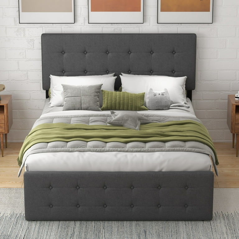 Iron Bed Frame Iron Double Bed with 4 Storage Drawers and Headboard Diamond Stitched Button Tufting Mattress Base with Wooden Slat Support no Box