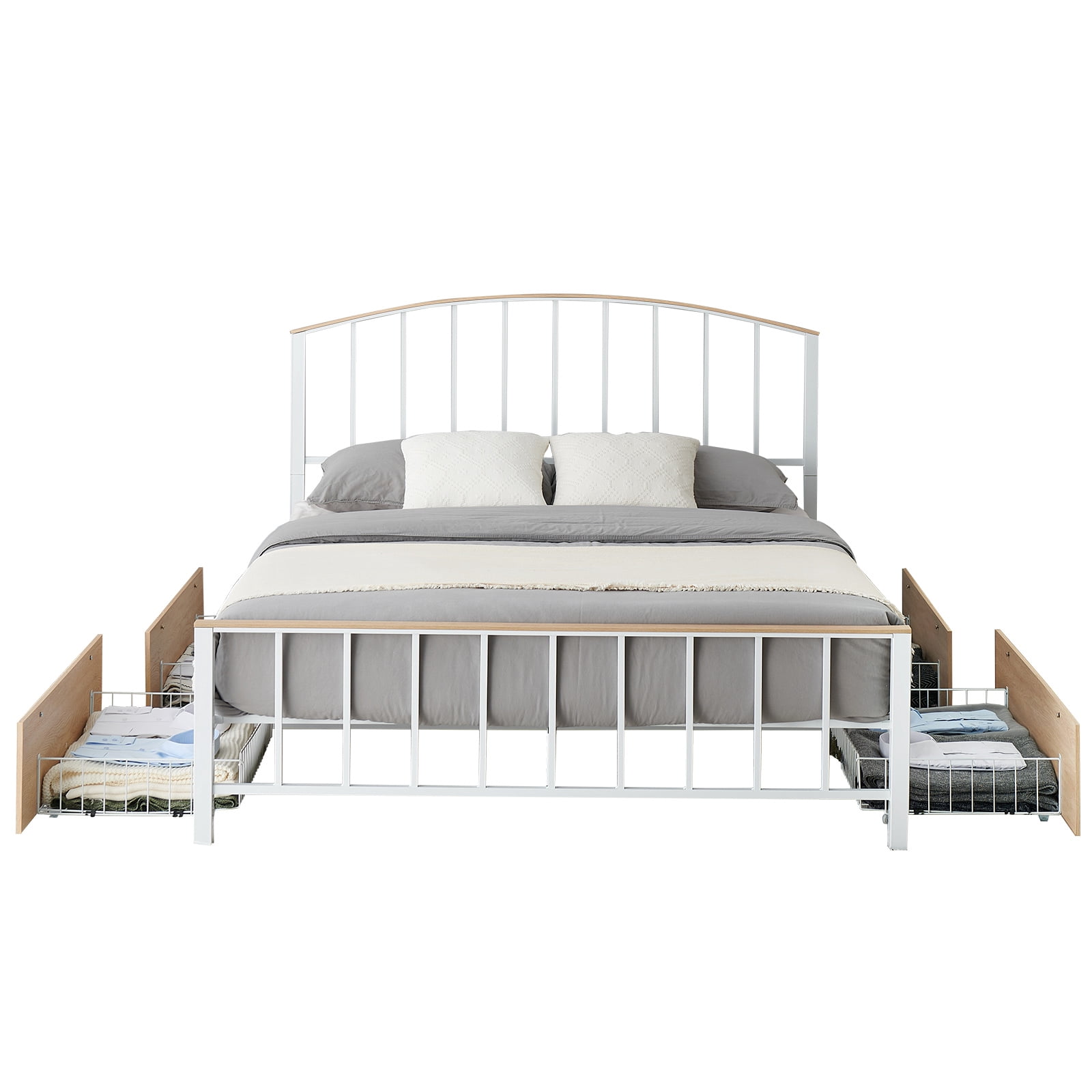 Iron Bed Frame, Double Bed Frame, Wooden Bed Frame, Bed with Drawer Storage, Platform Bed Frame with Headboard and Footboard, Mattress Base with Steel Slat Support, No Box Spring, Queen, White