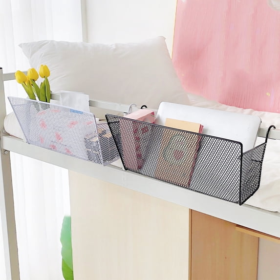 Iron Bedside Hanging Storage Basket Organizer | Black or White | 13.4x6.7x3.5 in | Durable Metal Rail Mount | Dorm, Apartment, Hotel | Multi-Purpose Caddy for Electronics, Books, Accessories