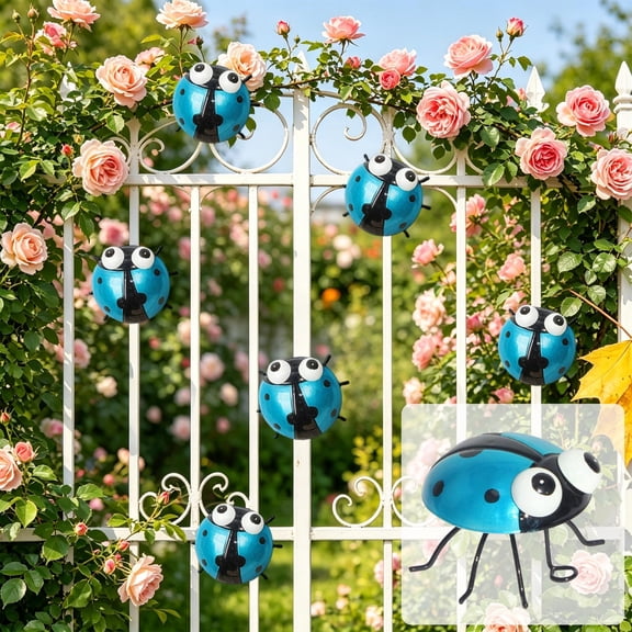 Iron Beetle and Ladybug Wall Hanging, Rustic Metal Craft Decor, Fence and Tree Mounted Ornament, Weather Resistant Outdoor Accent, Artistic Decoration for Courtyard, Balcony and Garden Space, Blue-C