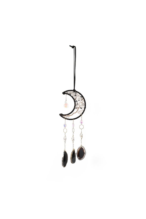 Iron Big Pendant Decorations Natural Rutilated Quartz Chips Moon Hanging Sun Catchers with Natural Agate and Glass Octagon for Garden Wedding Lighting Ornament 490mm