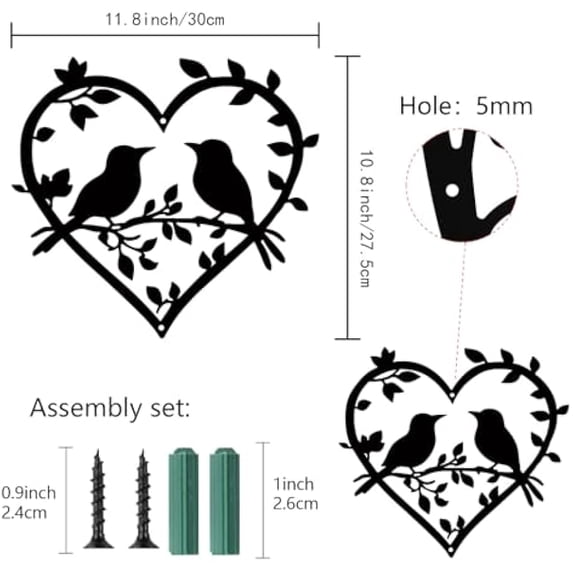 Iron Bird on Branch Metal Wall Art Love Heart Wall Decor Birds ...