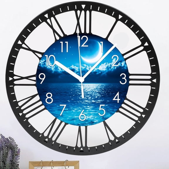 Iron Blue Moon Wall Clock for Living Room Decor Kitchen Wall Clocks Battery Operated 10 Inch Silent Round Iron Decorative Wall Clock Non Ticking Style 1010inch(2525cm)