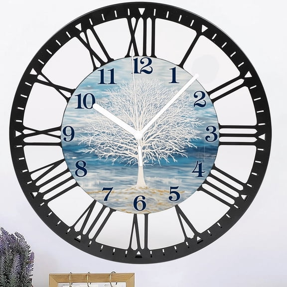 Iron Blue Wooden Wall Clock 10 Inch Silent Wall Clocks Battery Operated Framhouse Tree of Life Country Clock Decorative for Kitchen Living Room Bedroom Office Style 1010inch(2525cm)