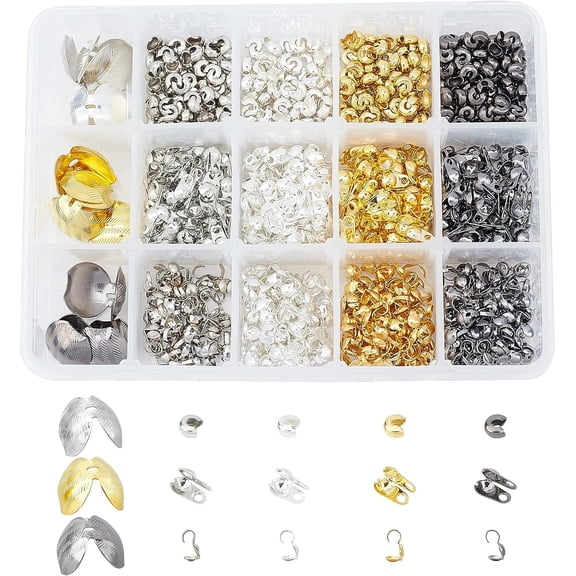 1216pcs Clamshell Endcap Clamshell Bead Tips Clamshell Calottes Crimp End Cap Open Clamshell Crimp Bead Tips for Jewelry Craft Making