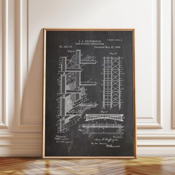 Iron Building Patent Skyscraper Blueprint Engineering Wall Art Print, Unframed Paper Poster 8x10in