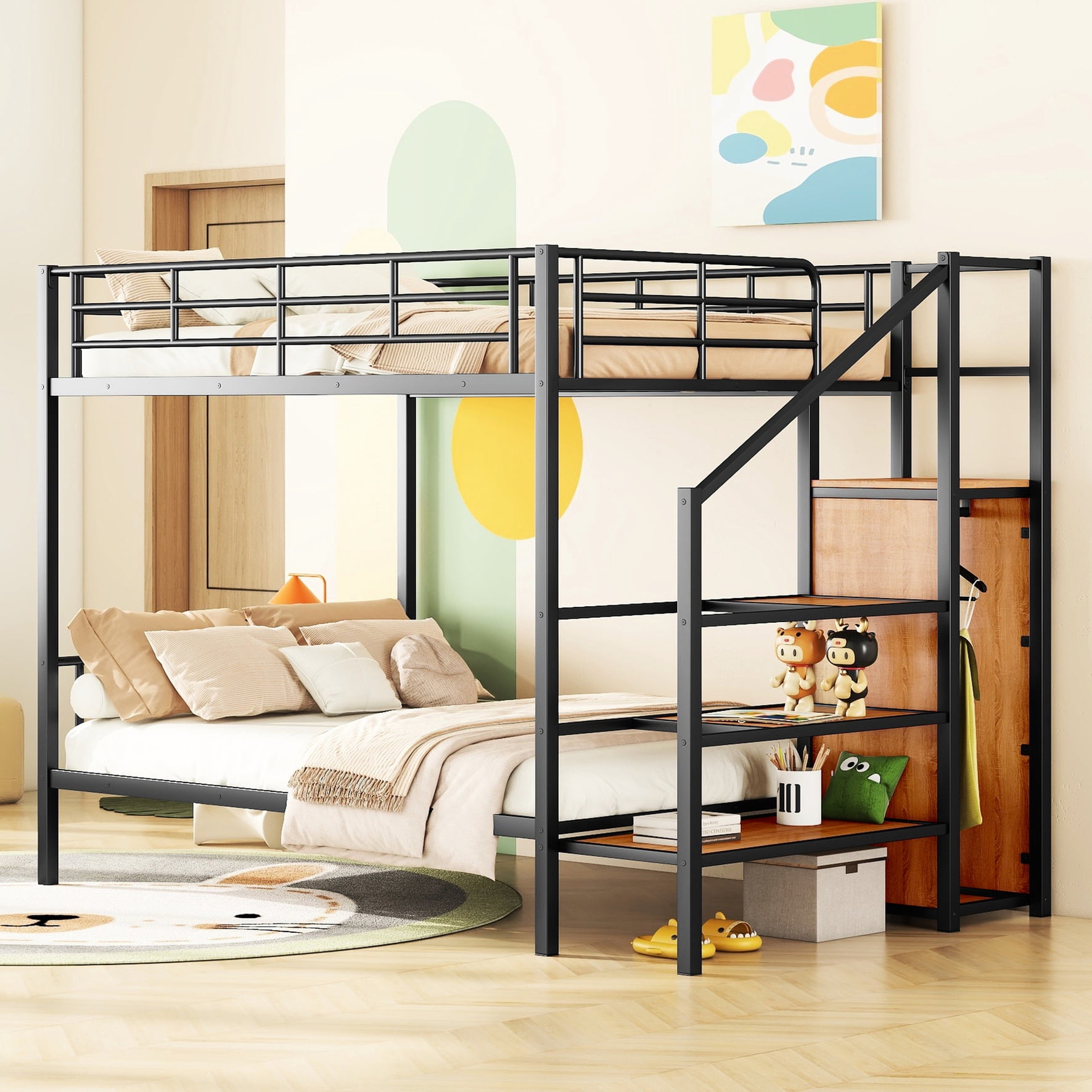 Iron Bunk Bed In Black With Side Storage & Apparel Cabinet - Space ...