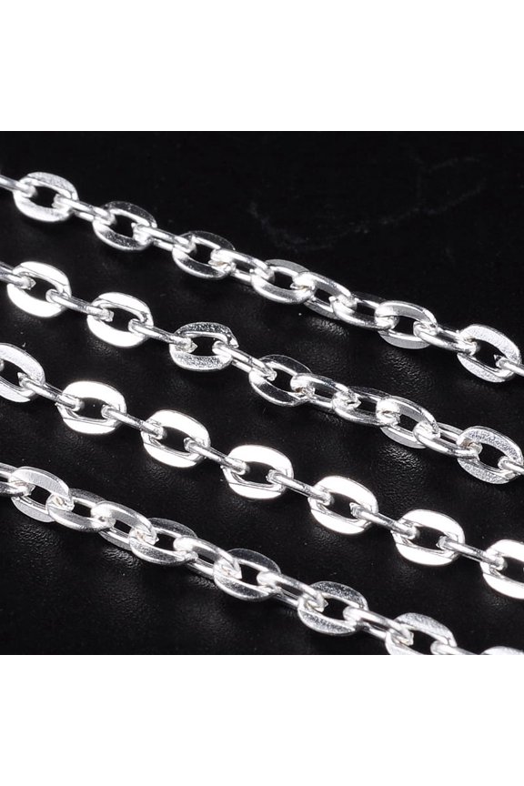 Iron Cable Chains Unwelded with Spool Flat Oval Cadmium Free & Lead Free Silver 4x2.7x0.7mm about 328.08 Feet(100m)/roll
