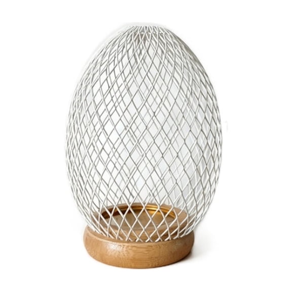 Iron Cage Candle Holder, Egg Shape Mesh Lantern With Wood Base for Tabletop Decor, White