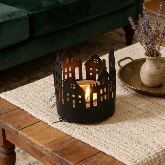Iron Candle Holder for Table Centerpiece with Black House Design, Holds Wax and LED Candles for Dining Room, Living Room, or Shelf Decor