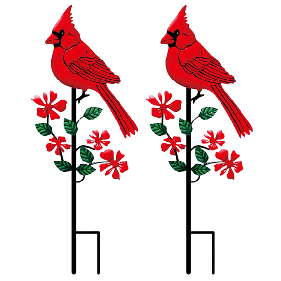 Iron Cardinal Garden Stake – 11.8” Tall Red Bird Outdoor Decoration with Ground Spike, Sturdy Yard Art for Secure Placement in Lawn, Soil & Garden Beds (2Pcs)